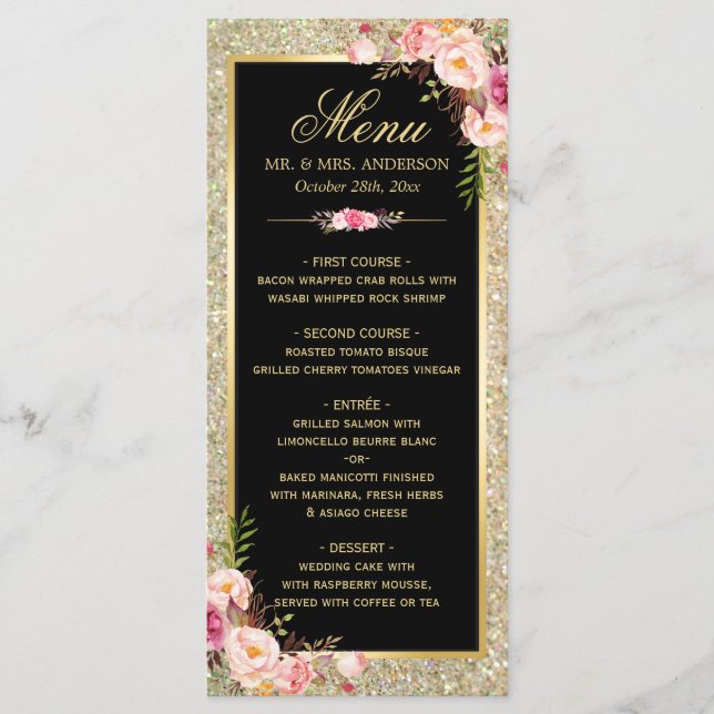 Clássico do Menu Casamento Glitter Dourado Floral  (Frente)