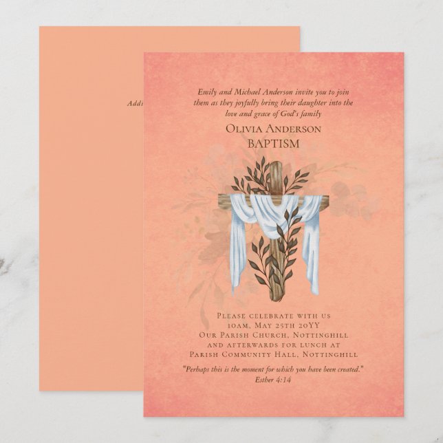 Clássico Elegante BAPTISM Invite Coral (Frente/Verso)