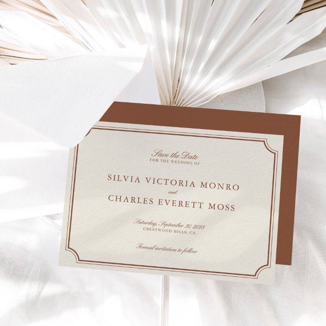 Clássico Elegante Brown & Ecru Casamento Salve a D (Classic Elegant Brown & Ecru Wedding Save the Date)
