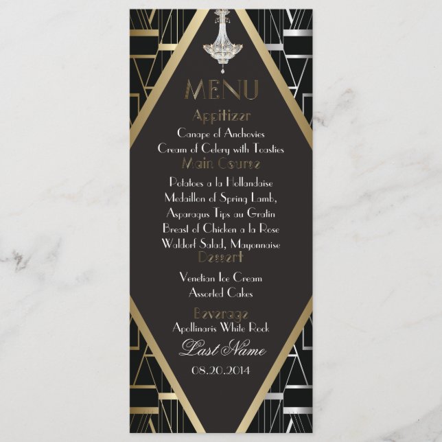 Clássico Gatsby Deco Wedding Menu Chandelier (Frente)