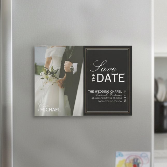 Clássico Preto Editorial Foto Salve o Dia (Invite guests to your formal affair with this Classic Black Editorial Photo Save the Date Magnet!)