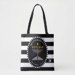 Classy Menorah Shabbat Shalom Tote Bag<br><div class="desc">Este bolsa atraente apresenta uma menorah colorida em um oval sobre riscas brancas e pretas em negrito. A bolsa tem faixas brancas e pretas coordenadas. ~ karyn</div>