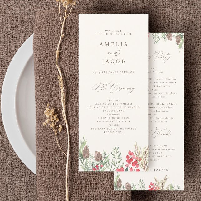 Classy Watercolor Winter Greenery Wedding Program (Criador carregado)