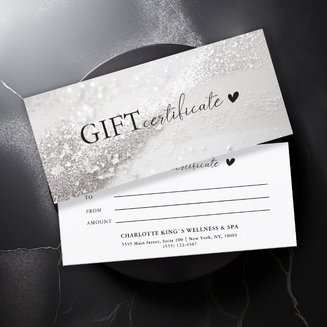 Cliente específico, brilho prateado, negócios (Customer specific, trendy, silver, glitter, business gift certificate.)