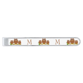 Clip Para Gravata Prateado Brown Owls Design Monogrammed