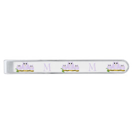 Clip Para Gravata Prateado Lilac Owls Design Monogrammed