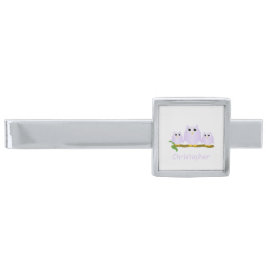 Clip Para Gravata Prateado Lilac Owls Design Personalised