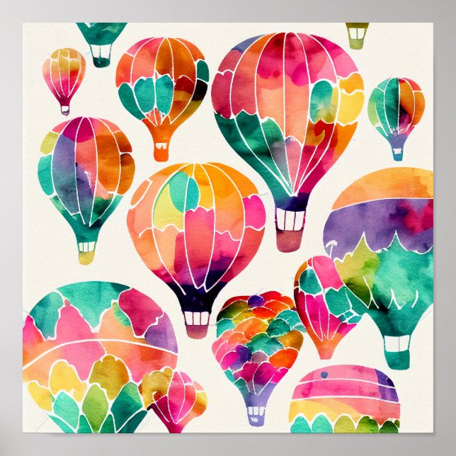Cloud Watercolor Hot Air Balloons Art Impressão (Frente)