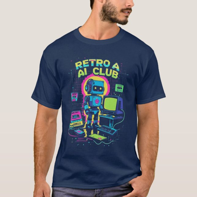 Clube Retro AI - T-Shirt Robot Pixel Art dos anos  (Frente)
