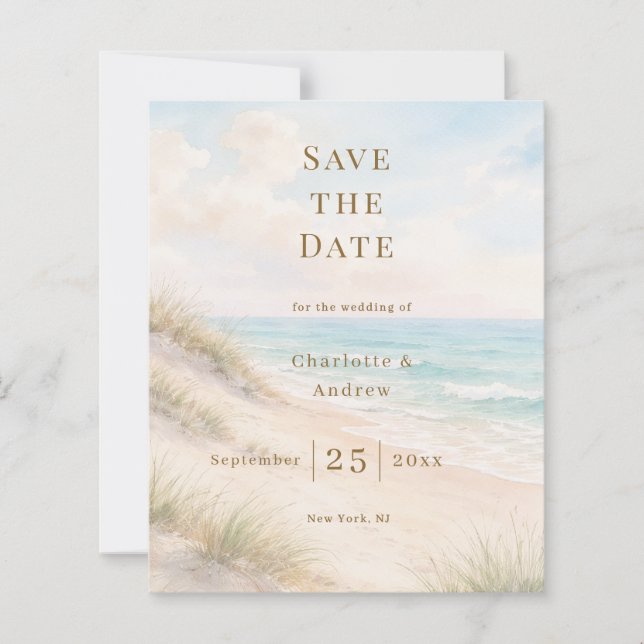 Coastal beach modern wedding Save the Date card (Frente)