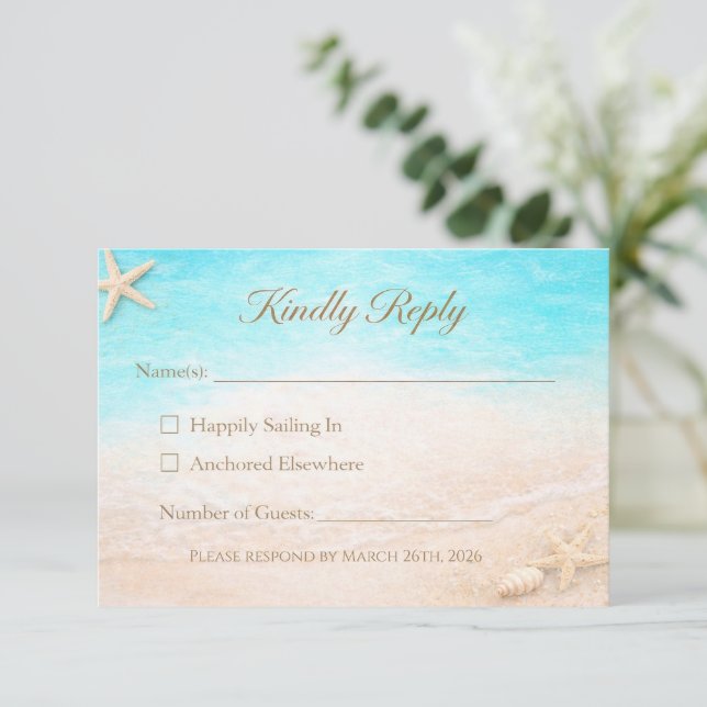 Coastal Beach Wedding RSVP Card Starfish (Em pé/Frente)