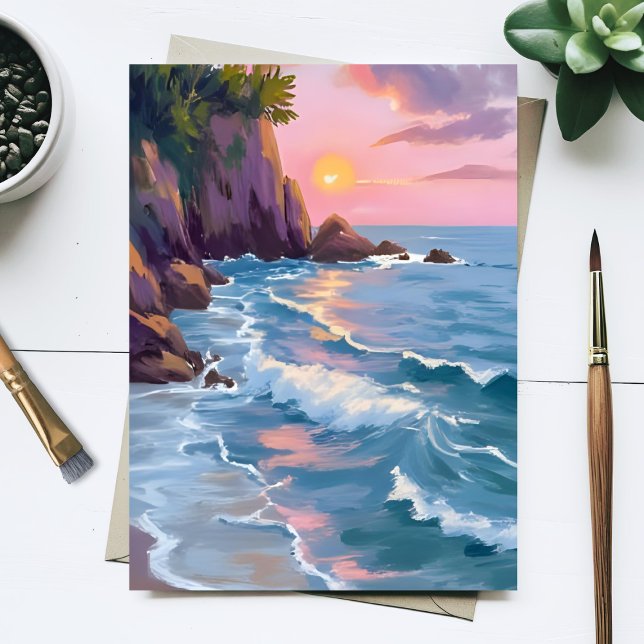 Coastal Cotton Candy Sunset Watercolor Paint Card (Criador carregado)
