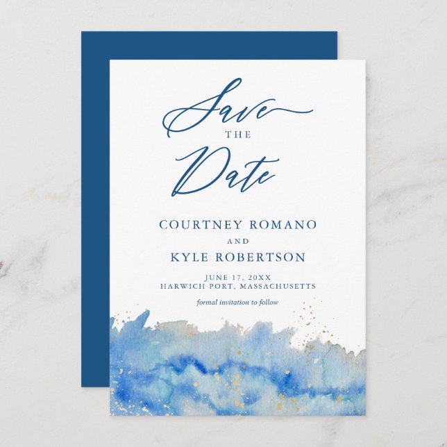 Coastal Elegance Watercolor Salve O Cartão Data (Frente/Verso)