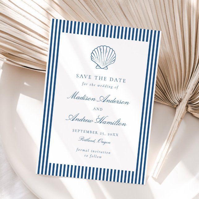Coastal Navy Stripe Shell Wedding Save the Date (Criador carregado)