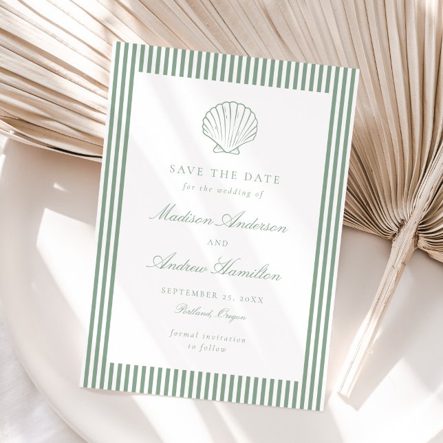 Coastal Sage Stripe Shell Wedding Save the Date (Criador carregado)