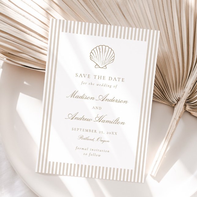 Coastal Sand Stripe Shell Wedding Save the Date (Criador carregado)