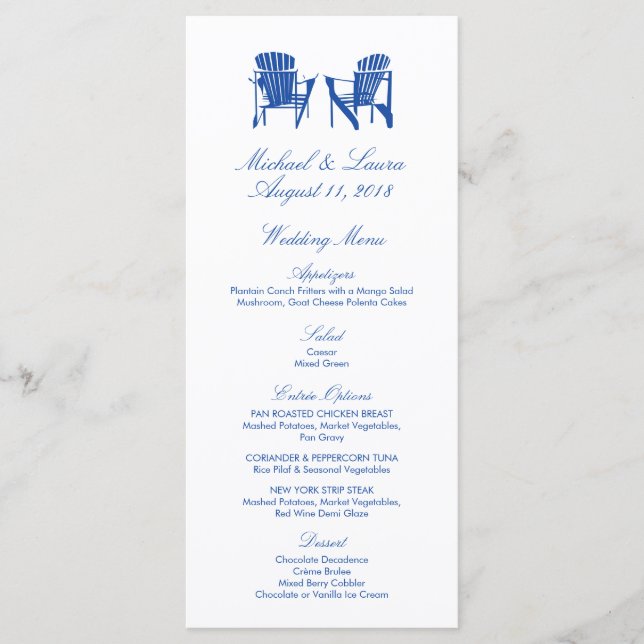 Cobalt Blue Adirondack Beach Chairs Menu Casamento (Frente)