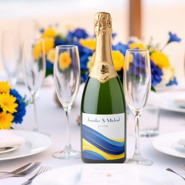 Cobalt Blue and Lemon Yellow Modern Wedding (Cobalt Blue and Lemon Yellow Modern Wedding Sparkling Wine Label )