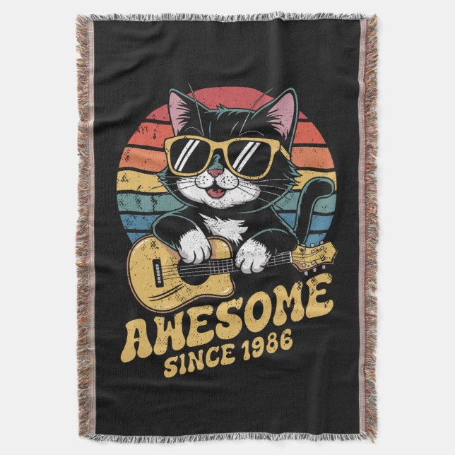 Cobertor 1986 Birthday Retro Cat Lover Ukulele 40th Bday (Frente Vertical)