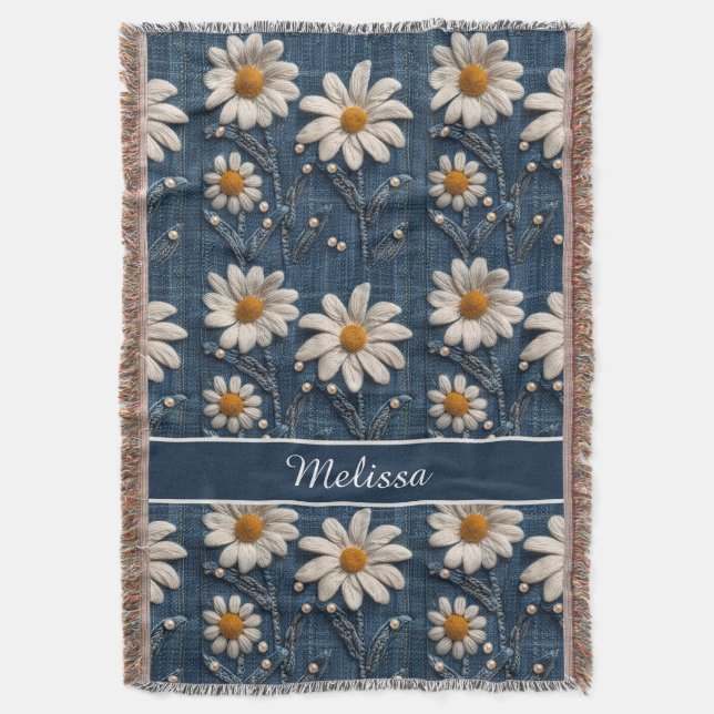 Cobertor 3D Daisy Embroidery Denim Custom Blanket  (Frente Vertical)