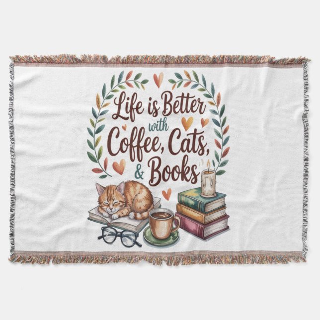 Cobertor A Vida é Melhor com Café Gatos Livros (Frente)