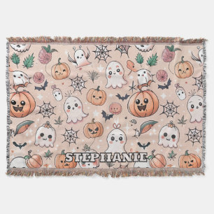 Cobertor Abóbora Fantasma Kawaii Padrão Halloween Laranja