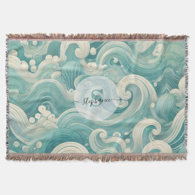 Cobertor Abstrato Aqua Blue & White Wave - Arte Fluida Mode (Frente)