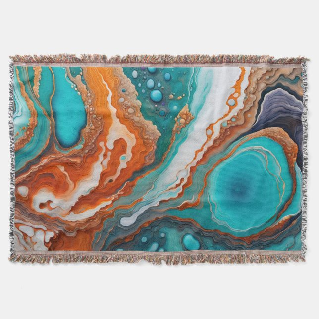 Cobertor Abstrato de tinta azul-turquesa, à ferrugem e dour (Frente)