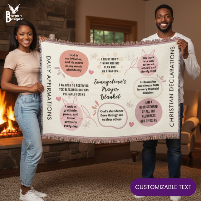 Cobertor Afirmações Diárias Personalizadas Versículo da Bíb (Personalized Christian Daily Affirmations Prayer Blanket with faith declarations and custom text)