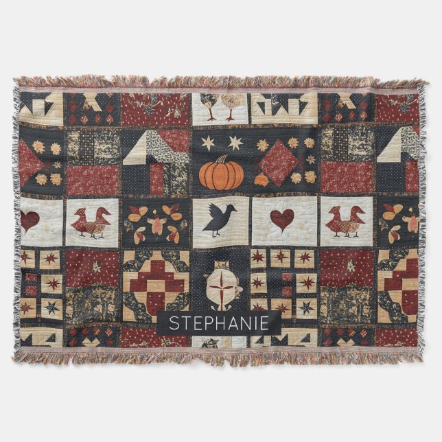 Cobertor Appliqué de fazenda primitiva e geométrico (Frente)