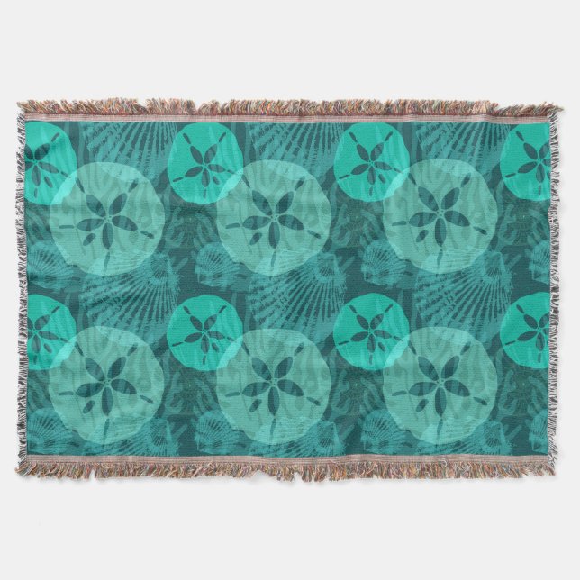 Cobertor Aqua Sand Dollares Seashells Padrão em Verde escur (Frente)