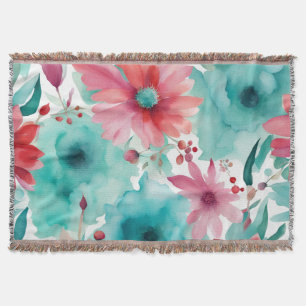 Cobertor Aquarela de Flores de Primavera Azul Turquesa Verm