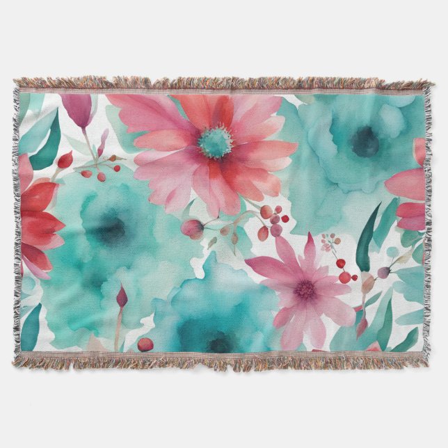 Cobertor Aquarela de Flores de Primavera Azul Turquesa Verm (Frente)