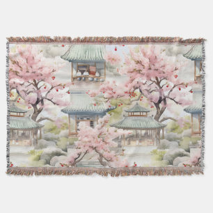 Cobertor Aquarela de Pagoda Asiática em meio às flores de c