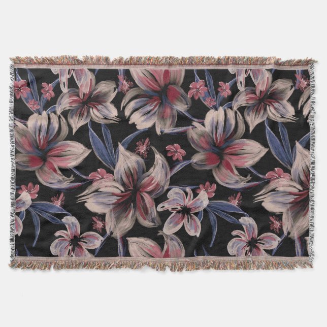 Cobertor Aquarelas Crimson Floral em Preto (Frente)