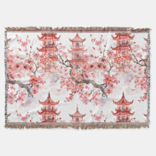 Cobertor Arte Cénica de Pagode Asiática Vintage com Flor de
