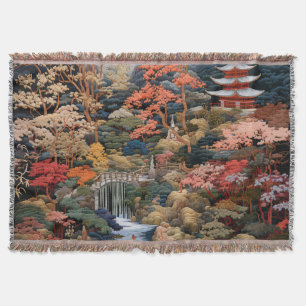 Cobertor Arte da Paisagem Japonesa: Cascata e Aldeia