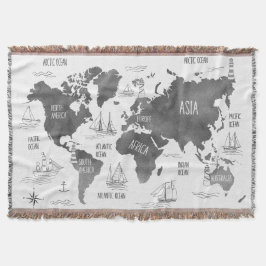 Cobertor Arte de Mapa Mundial Náutico Preto Branco