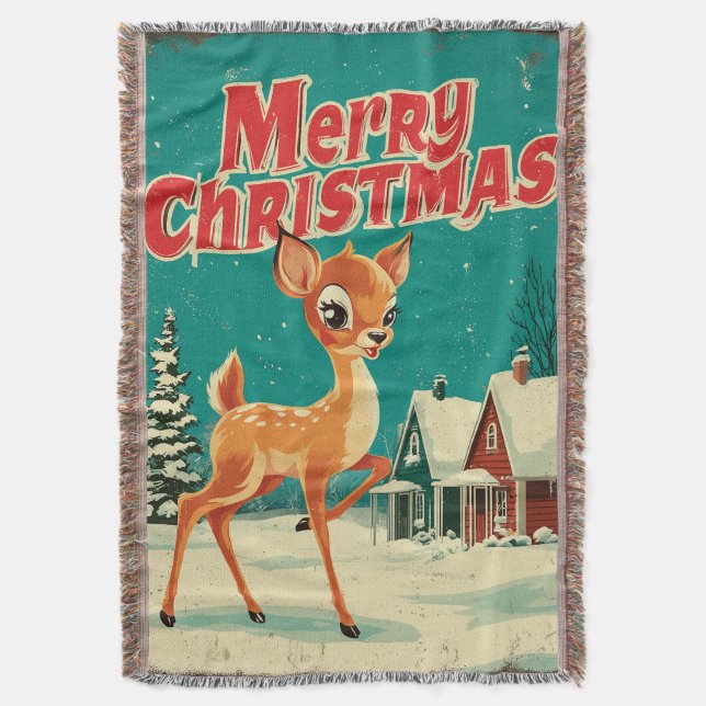 Cobertor Arte de Natal Veado Vintage Alegre (Frente Vertical)