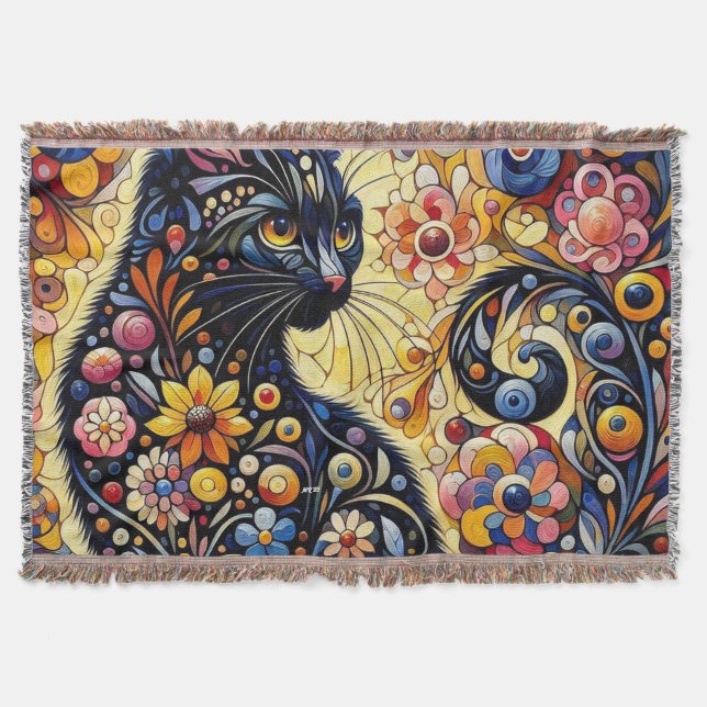 Cobertor Arte Floral Abstrato de Gato Negro (Frente)