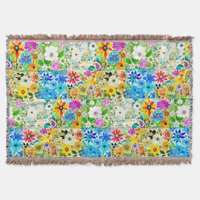 Cobertor Arte Floral em Patchwork Aquarela Flores (Frente)