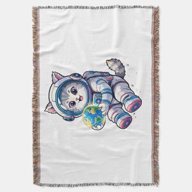 Cobertor Astronauta Gato Fofo Segurando Desenho do Planeta  (Frente Vertical)