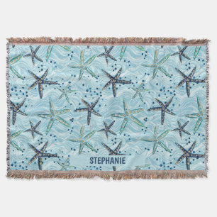 Cobertor Azul-claro e Starfish Dourado no padrão das ondas
