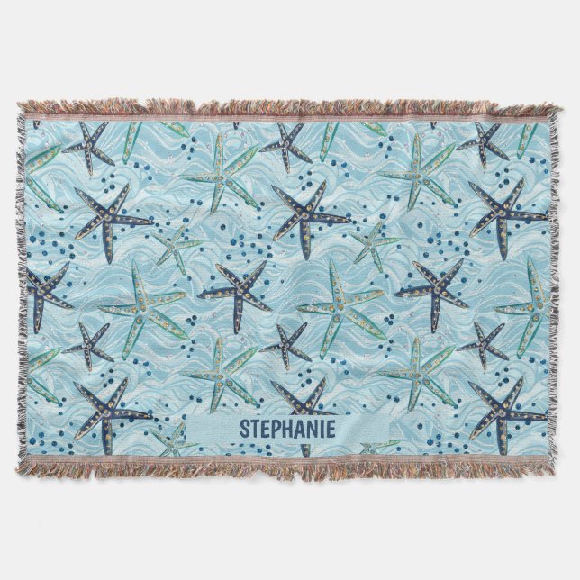 Cobertor Azul-claro e Starfish Dourado no padrão das ondas  (Frente)