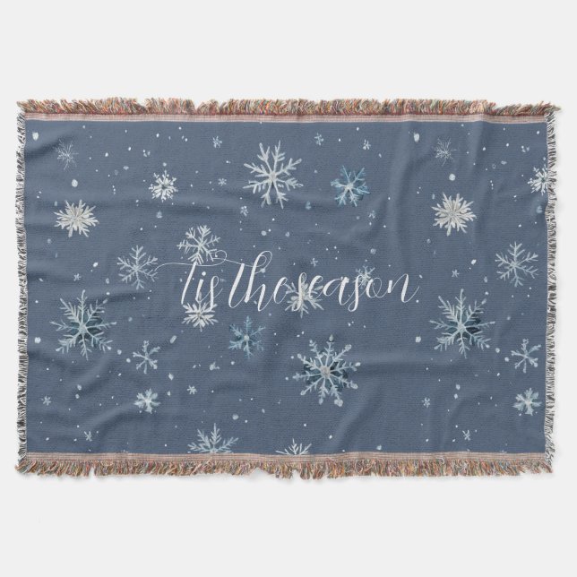 Cobertor Azul de Inverno Flocos de Neve Prata Natal (Frente)
