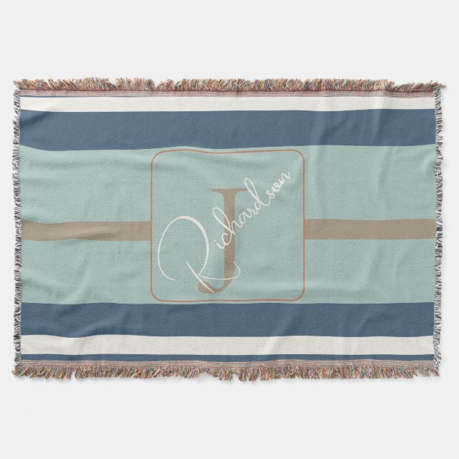 Cobertor Azul Menta Personalizado com Faixa Bege Monograma  (Frente)
