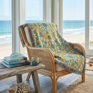 Cobertor Azul Turquesa & Mostarda William Morris Vine Arts