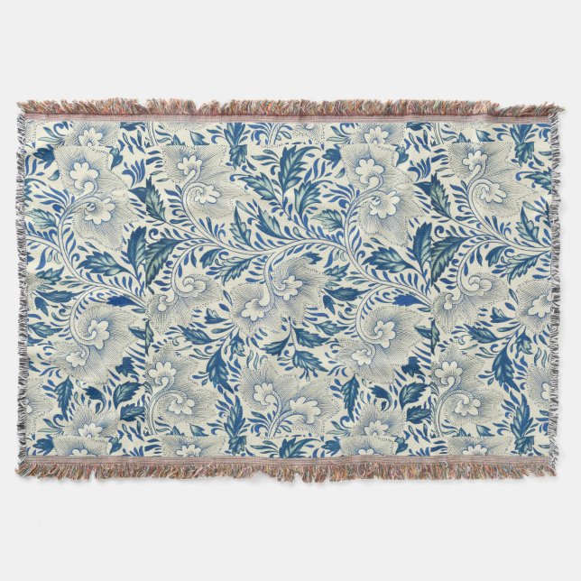 Cobertor Azul Vintage Floral Asiático: Chinoiserie Antiga (Frente)