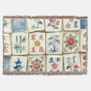 Cobertor Azulejos de Chinoiserie Mahjong Flores Aquarela Pá
