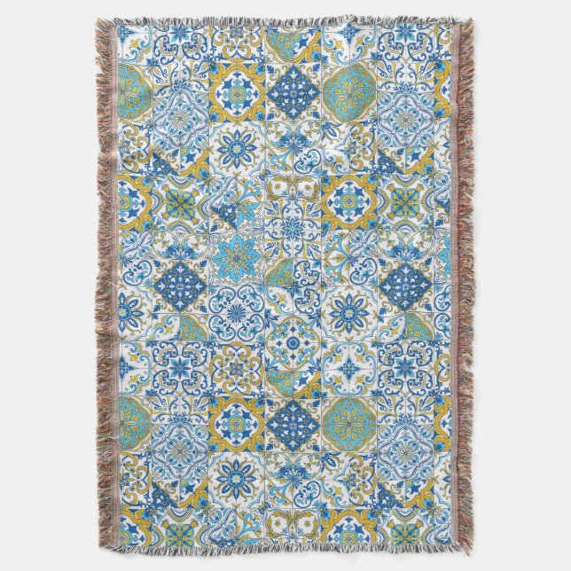 Cobertor Azulejos em azul e amarelo (Frente Vertical)
